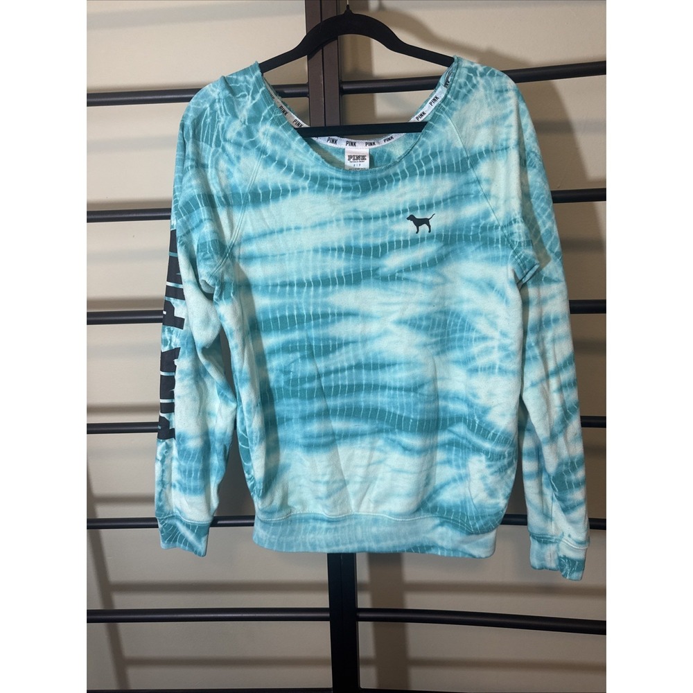 Victoria's Secret Pink Dog Sweatshirt Slouchy Tie Dye Crew Neck Turquoise Small